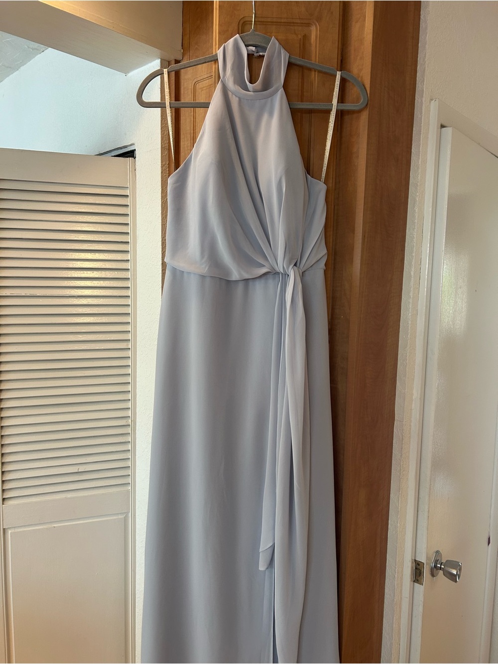 Jenny Yoo Pale Blue Halter Maxi Dress with Side Drape